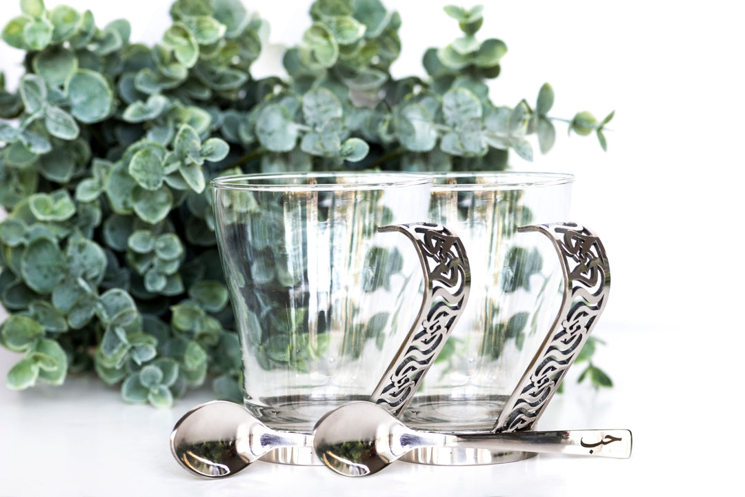 "Love" Glass mug set with spoons