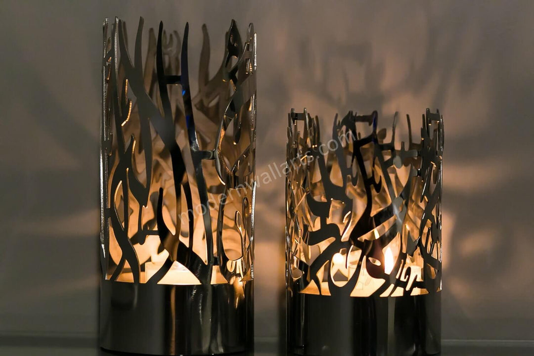 Stainless steel Alhamdullilah and Shahada shadow Islamic candle holder- Set of 2 with Gift Box