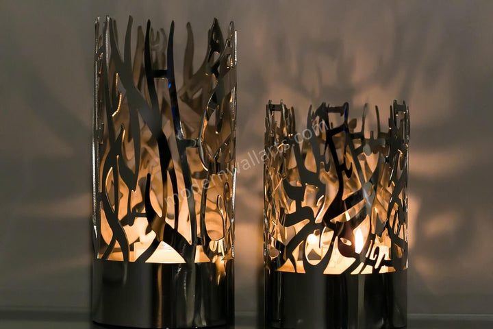 Stainless steel Alhamdullilah and Shahada shadow Islamic candle holder- Set of 2 with Gift Box