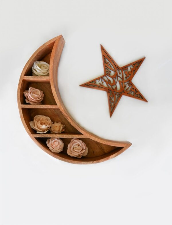 Wooden moon shelf with Bismillah star.