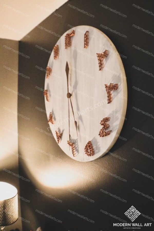 Modern Islamic wood pallet wall clock with copper strings and nails - Image 3