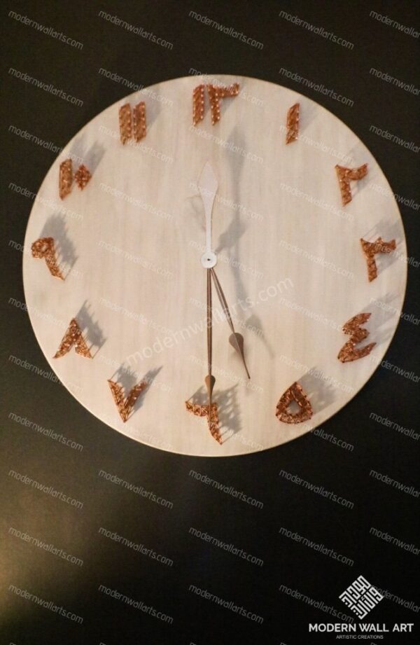 Modern Islamic wood pallet wall clock with copper strings and nails - Image 4