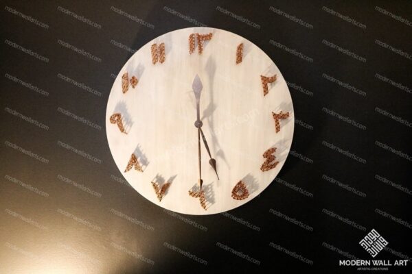 Modern Islamic wood pallet wall clock with copper strings and nails